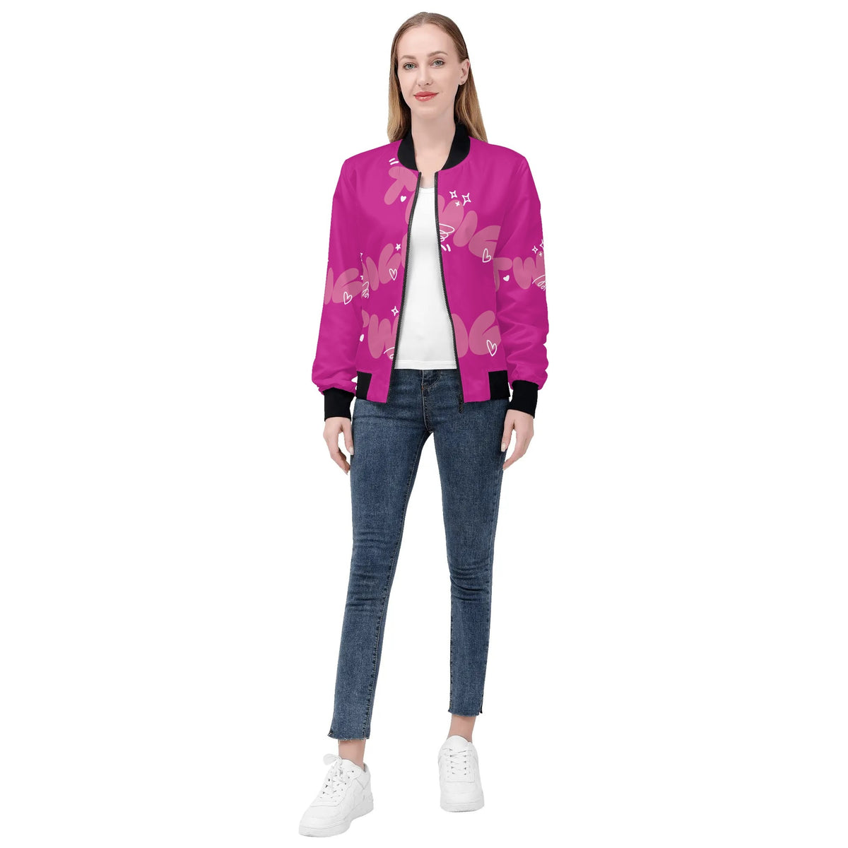 Pink Twice  Zip Up Print Bomber Jacket