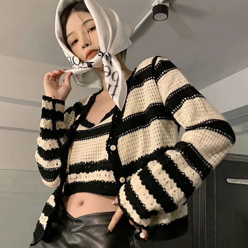 Striped Hollow Out Crop Tops and Shirt Set: Sexy, Slim, and All-match Fashion for Women