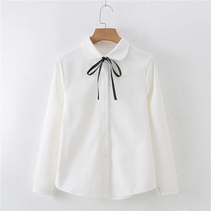 College Style Bow Lace-up White Shirt Women Japanese Long Sleeved Blouse Girls Y2k Student Turn Down Collar Blouse Tops Mujer