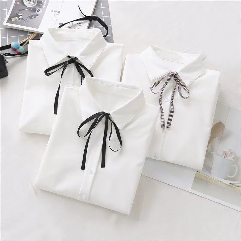 College Style Bow Lace-up White Shirt Women Japanese Long Sleeved Blouse Girls Y2k Student Turn Down Collar Blouse Tops Mujer