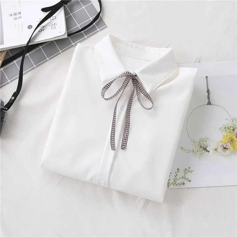 College Style Bow Lace-up White Shirt Women Japanese Long Sleeved Blouse Girls Y2k Student Turn Down Collar Blouse Tops Mujer
