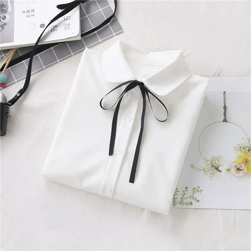 College Style Bow Lace-up White Shirt Women Japanese Long Sleeved Blouse Girls Y2k Student Turn Down Collar Blouse Tops Mujer
