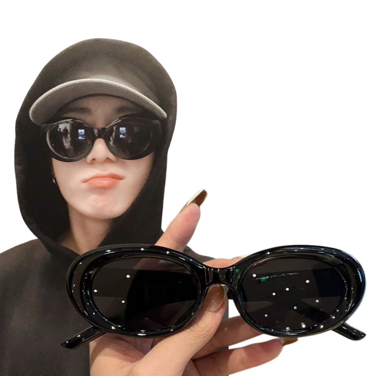 Jungkook-style black oval sunglasses with chunky frame and dark tinted lenses