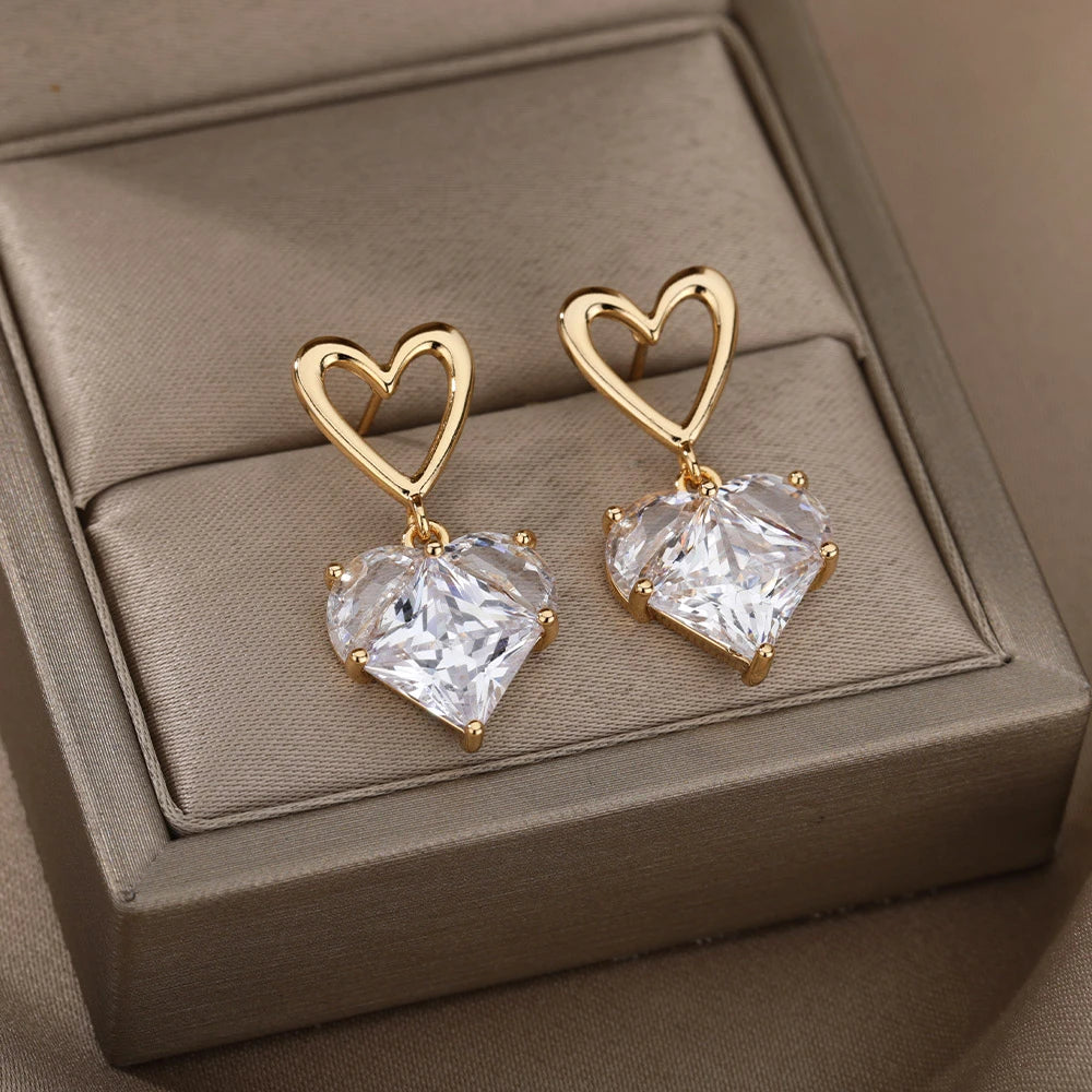 Luxury Heart Zircon Stud Earrings: Korean Fashion Stainless Steel Jewelry