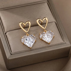 Luxury Heart Zircon Stud Earrings: Korean Fashion Stainless Steel