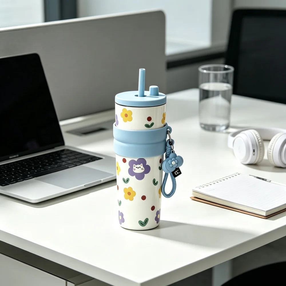 700ML Large Capacity Water Cup, Fashion Cherry Dog &amp; Cat Pattern Coffee Mug, Reusable Water Bottle With Portable Rope, Leakproof Travel Tumbler for Student School Outdoor Daily Use