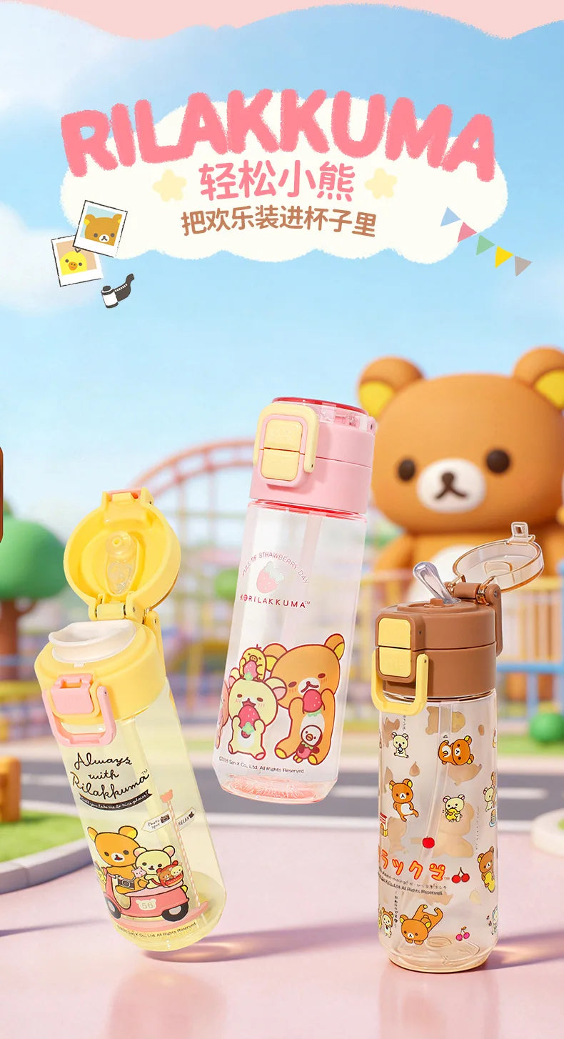 Kawaii Rilakkuma New Water Bottle 550ml Tritan Double Drink Straw Cup Cute Leakproof Portable For Outdoor Sports Travel