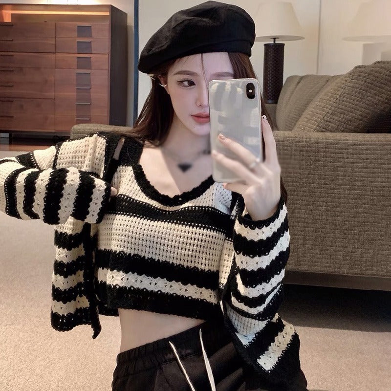 Striped Hollow Out Crop Tops and Shirt Set: Sexy, Slim, and All-match Fashion for Women