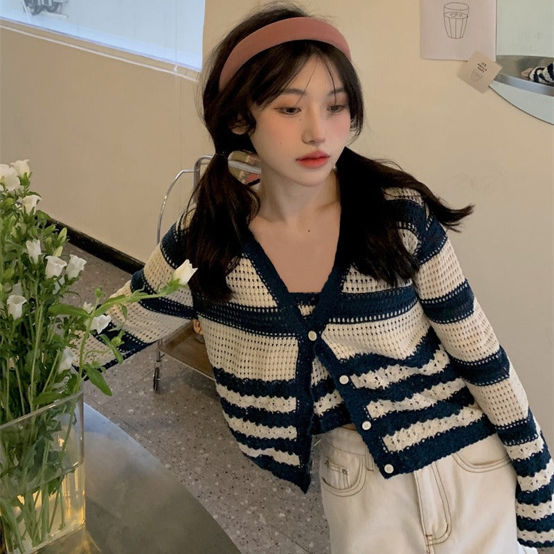 Striped Hollow Out Crop Tops and Shirt Set: Sexy, Slim, and All-match Fashion for Women