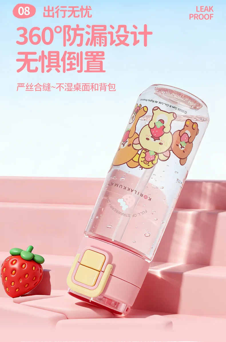 Kawaii Rilakkuma New Water Bottle 550ml Tritan Double Drink Straw Cup Cute Leakproof Portable For Outdoor Sports Travel