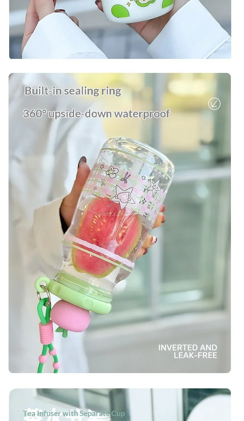 Kawaii Apple Milk Water Bottle, 600ML with Tea Infuser, Leakproof