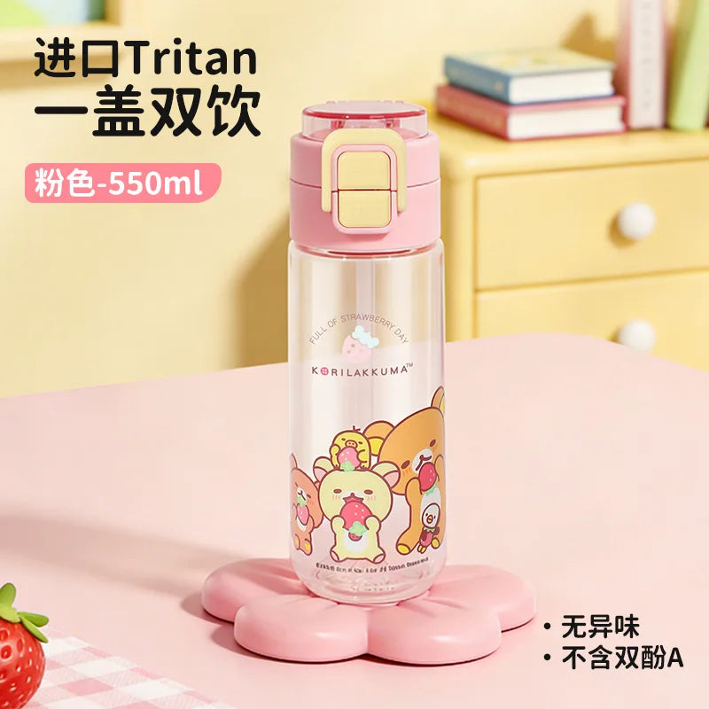 Kawaii Rilakkuma New Water Bottle 550ml Tritan Double Drink Straw Cup Cute Leakproof Portable For Outdoor Sports Travel
