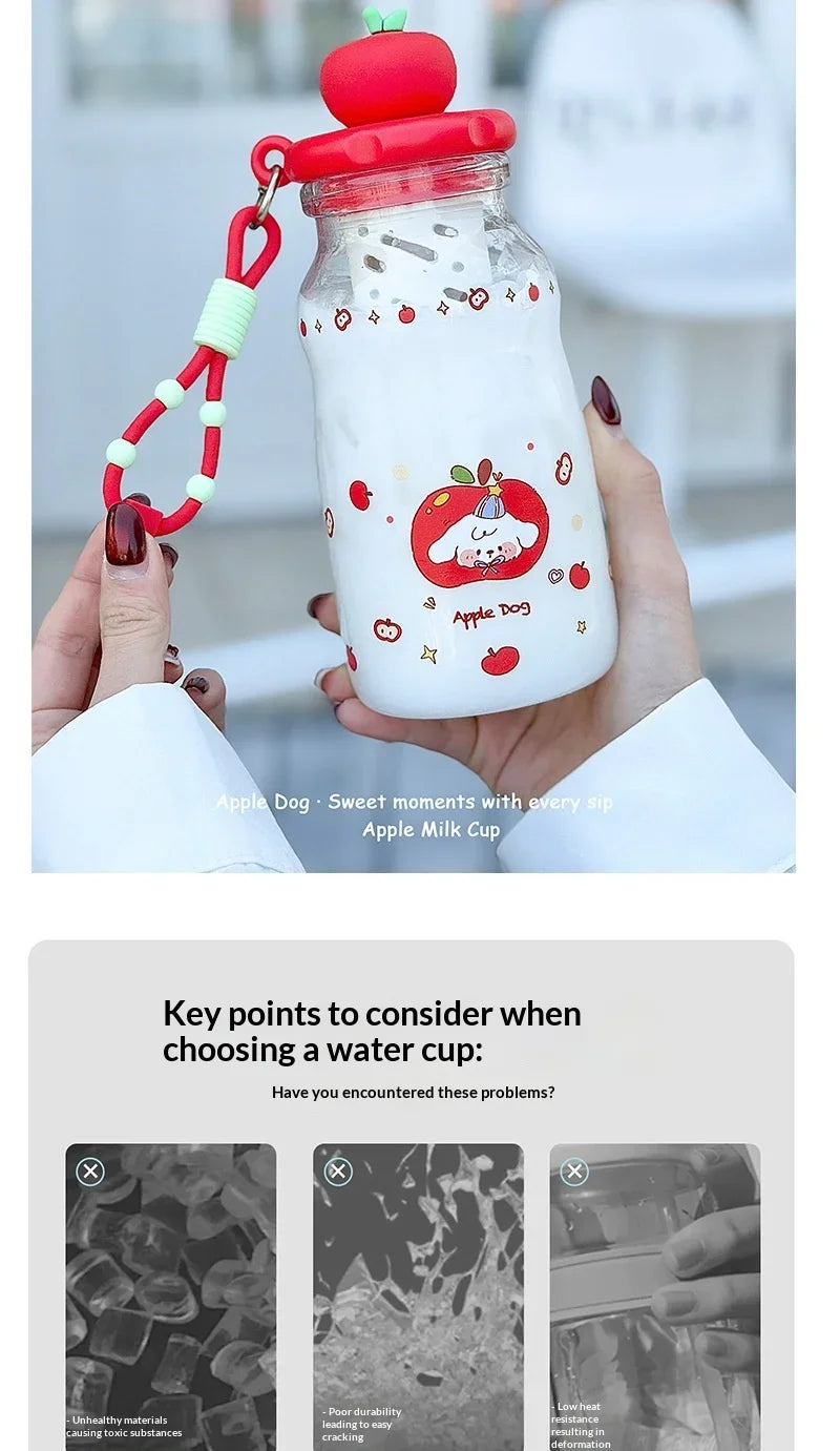 Kawaii Apple Milk Water Bottle, 600ML with Tea Infuser, Leakproof
