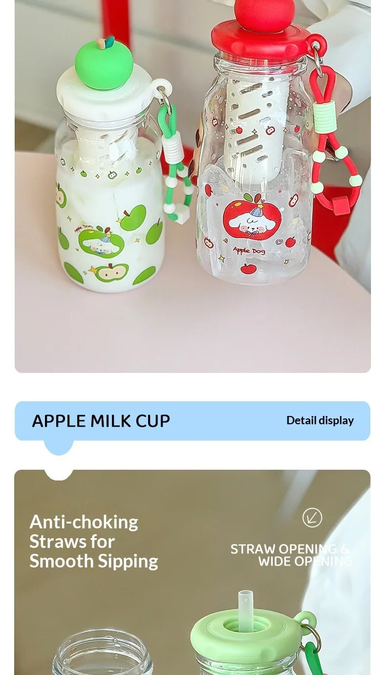 Kawaii Apple Milk Water Bottle, 600ML with Tea Infuser, Leakproof