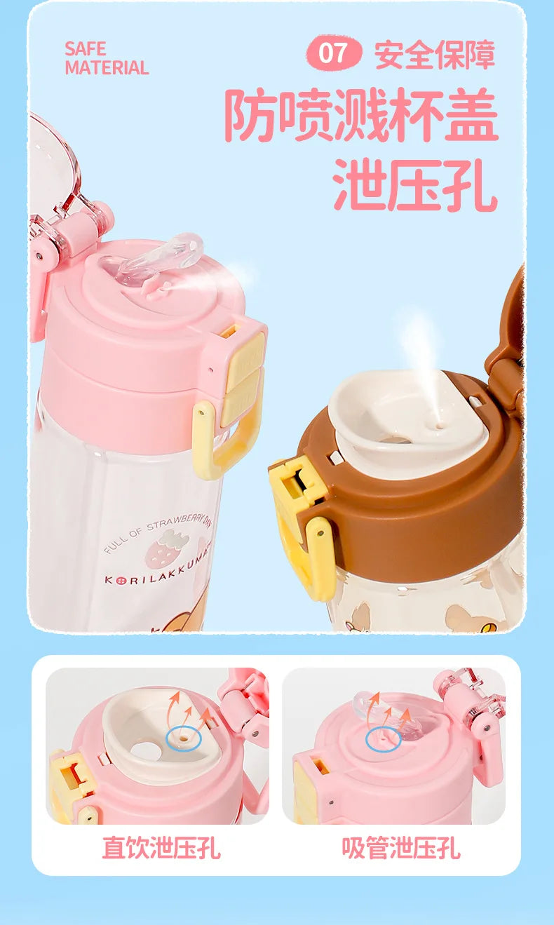 Kawaii Rilakkuma New Water Bottle 550ml Tritan Double Drink Straw Cup Cute Leakproof Portable For Outdoor Sports Travel