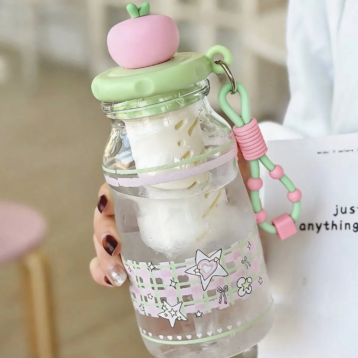 Kawaii Apple Milk Water Bottle, 600ML with Tea Infuser, Leakproof