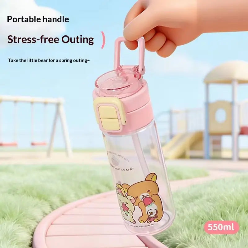 Kawaii Rilakkuma New Water Bottle 550ml Tritan Double Drink Straw Cup Cute Leakproof Portable For Outdoor Sports Travel