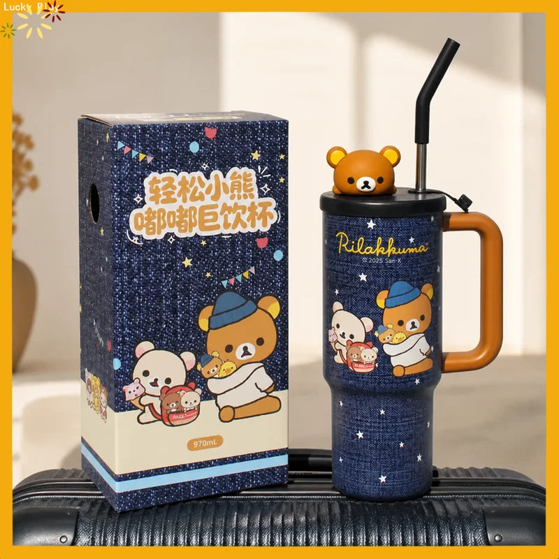 Kawaii Rilakkuma Insulated Cup With Straw 970ml Large Capacity Water Cup Printing Drinking Cup Easy Bear Anime Peripheral Gifts