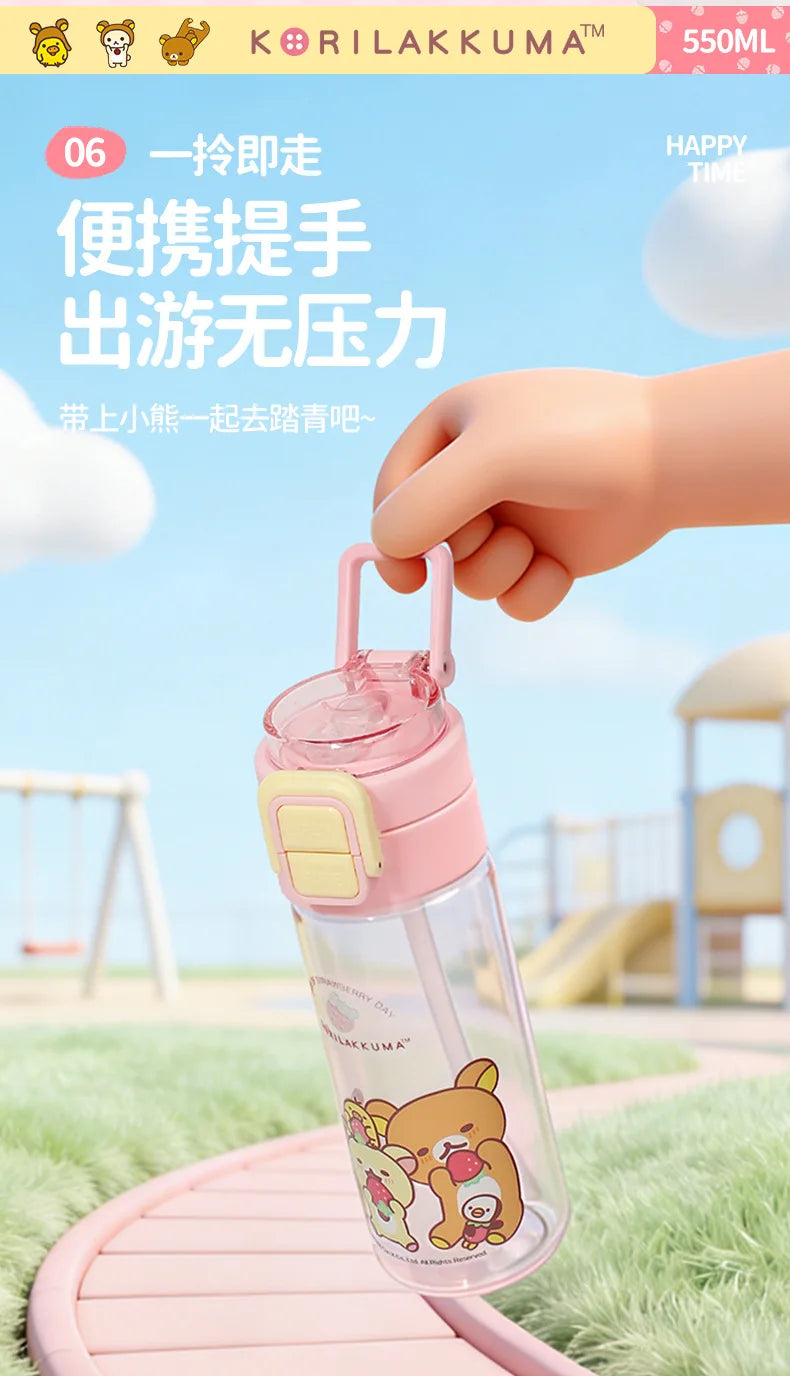 Kawaii Rilakkuma New Water Bottle 550ml Tritan Double Drink Straw Cup Cute Leakproof Portable For Outdoor Sports Travel