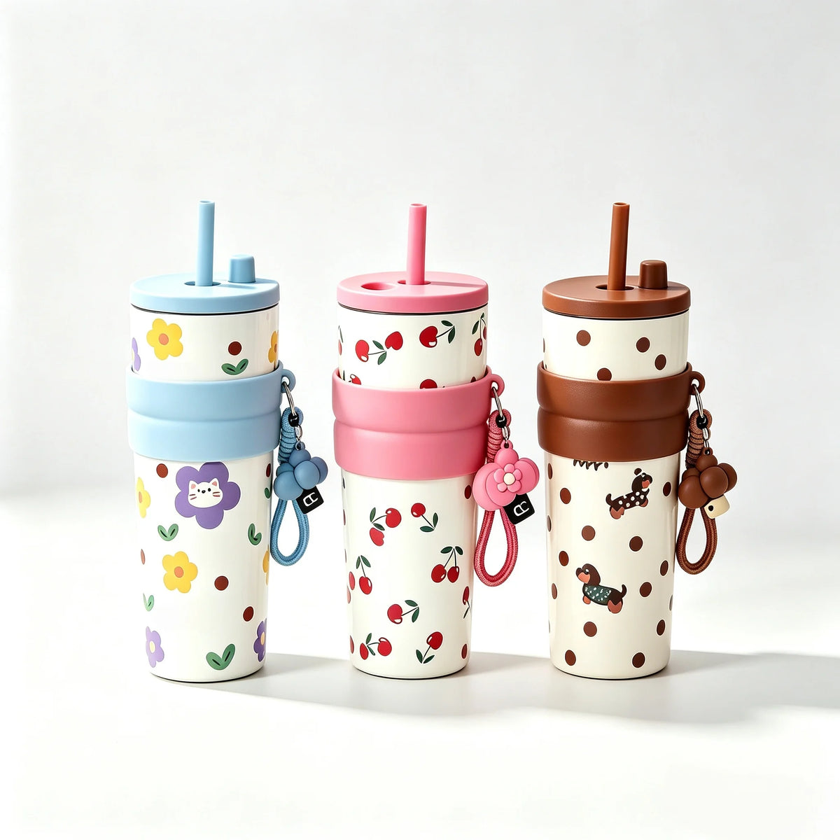 700ML Large Capacity Water Cup, Fashion Cherry Dog &amp; Cat Pattern Coffee Mug, Reusable Water Bottle With Portable Rope, Leakproof Travel Tumbler for Student School Outdoor Daily Use