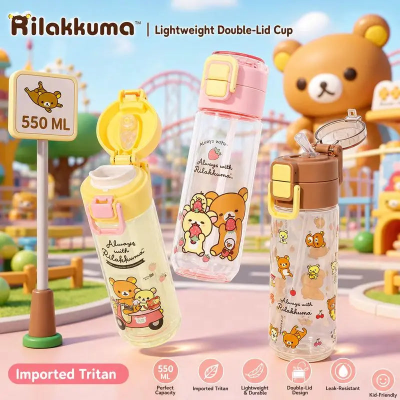 Kawaii Rilakkuma New Water Bottle 550ml Tritan Double Drink Straw Cup Cute Leakproof Portable For Outdoor Sports Travel
