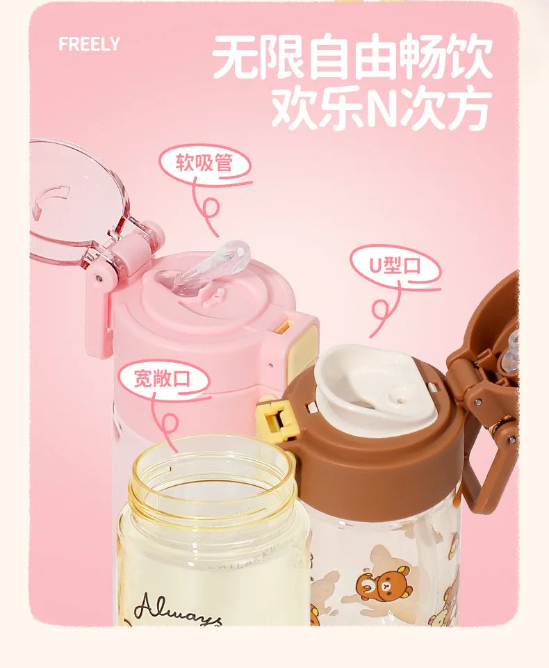 Kawaii Rilakkuma New Water Bottle 550ml Tritan Double Drink Straw Cup Cute Leakproof Portable For Outdoor Sports Travel