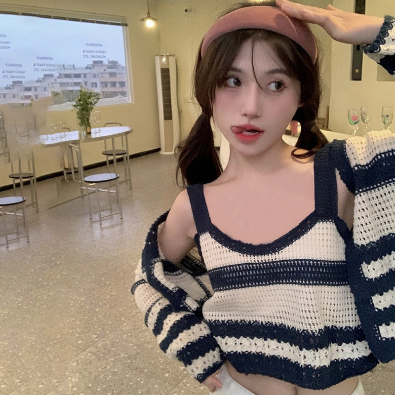 Striped Hollow Out Crop Tops and Shirt Set: Sexy, Slim, and All-match Fashion for Women