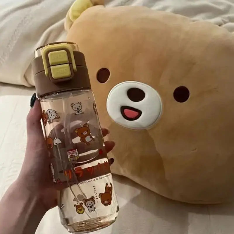Kawaii Rilakkuma New Water Bottle 550ml Tritan Double Drink Straw Cup Cute Leakproof Portable For Outdoor Sports Travel