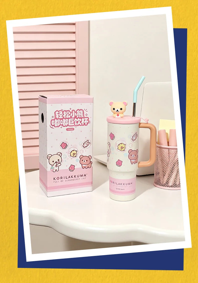 Kawaii Rilakkuma Insulated Cup With Straw 970ml Large Capacity Water Cup Printing Drinking Cup Easy Bear Anime Peripheral Gifts