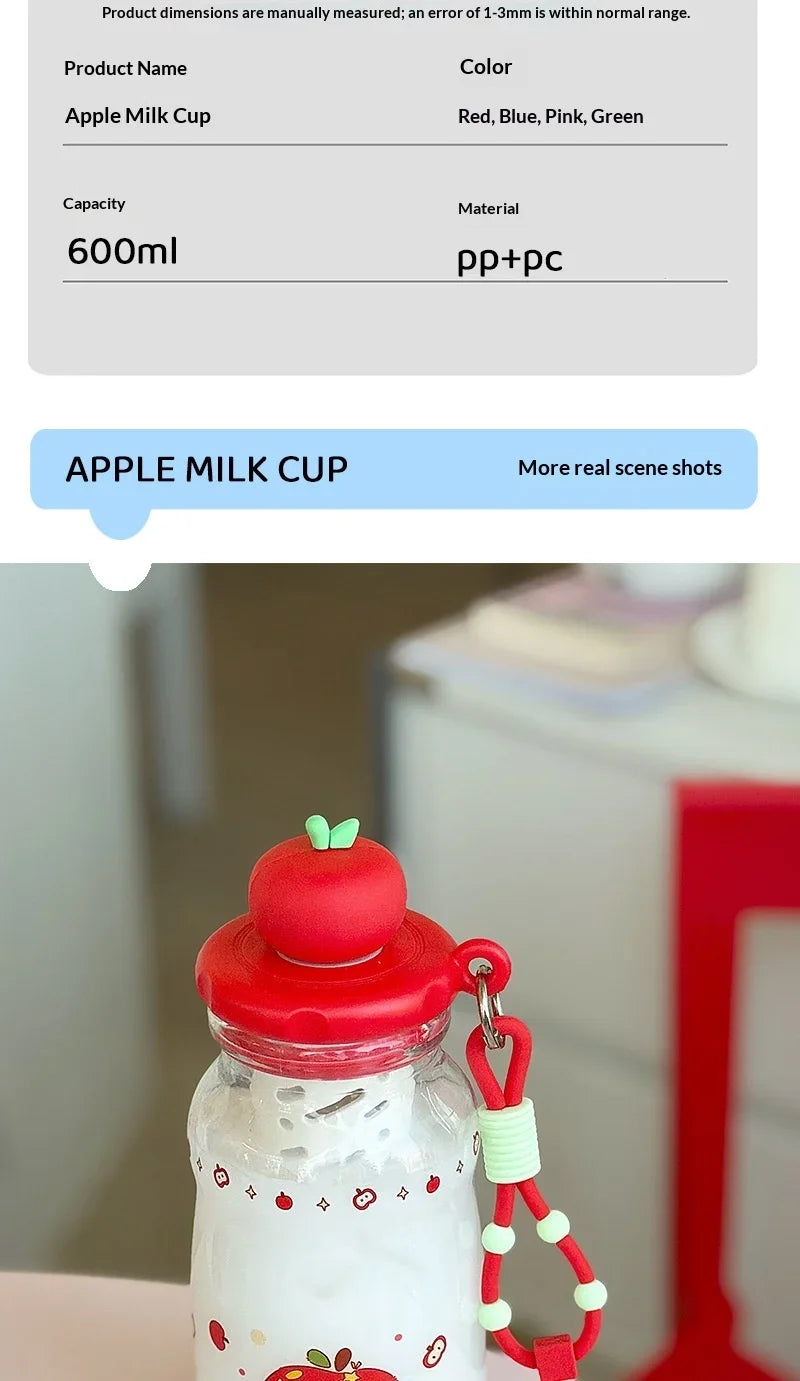 Kawaii Apple Milk Water Bottle, 600ML with Tea Infuser, Leakproof