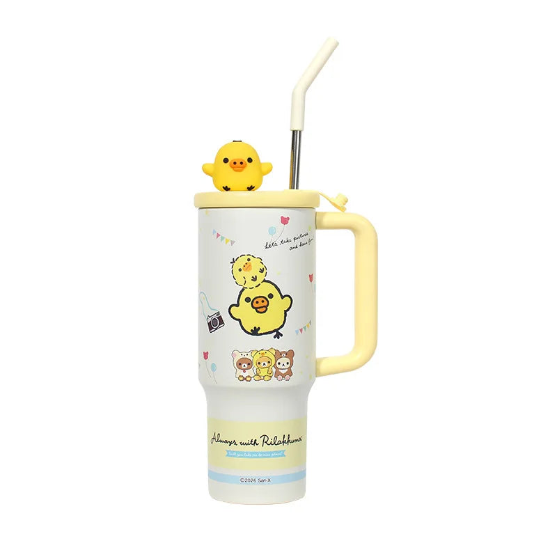 Kawaii Rilakkuma Insulated Cup With Straw 970ml Large Capacity Water Cup Printing Drinking Cup Easy Bear Anime Peripheral Gifts