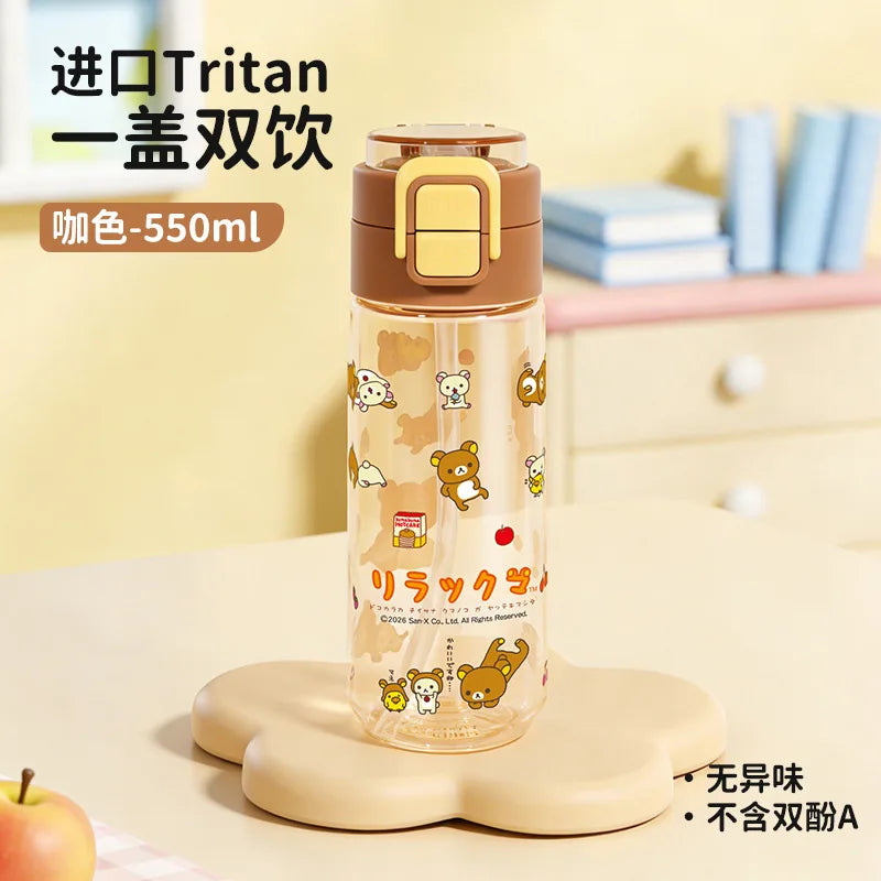 Kawaii Rilakkuma New Water Bottle 550ml Tritan Double Drink Straw Cup Cute Leakproof Portable For Outdoor Sports Travel