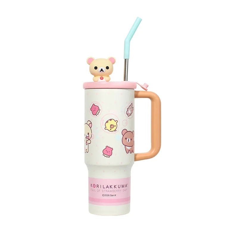 Kawaii Rilakkuma Insulated Cup With Straw 970ml Large Capacity Water Cup Printing Drinking Cup Easy Bear Anime Peripheral Gifts