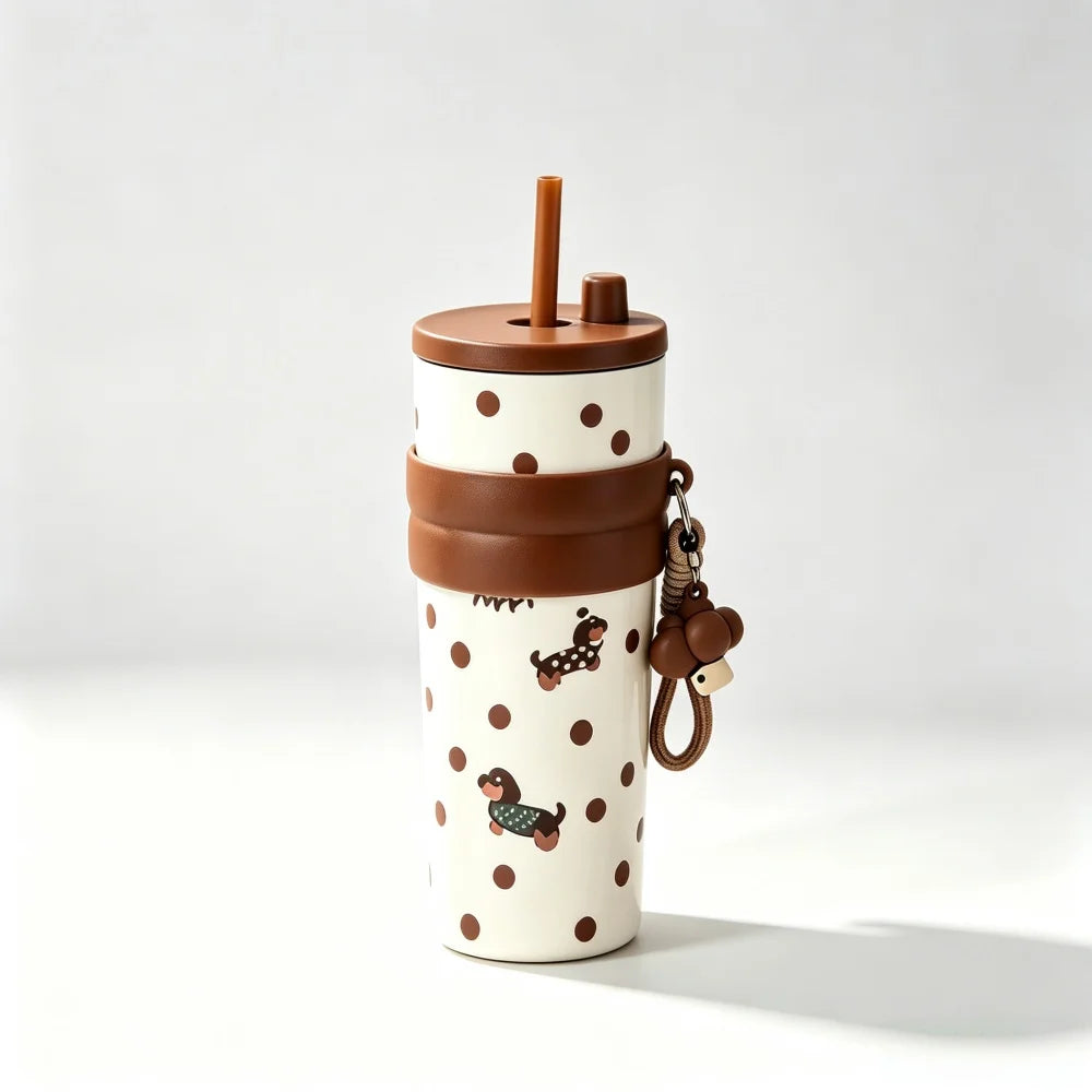 700ML Large Capacity Water Cup, Fashion Cherry Dog &amp; Cat Pattern Coffee Mug, Reusable Water Bottle With Portable Rope, Leakproof Travel Tumbler for Student School Outdoor Daily Use