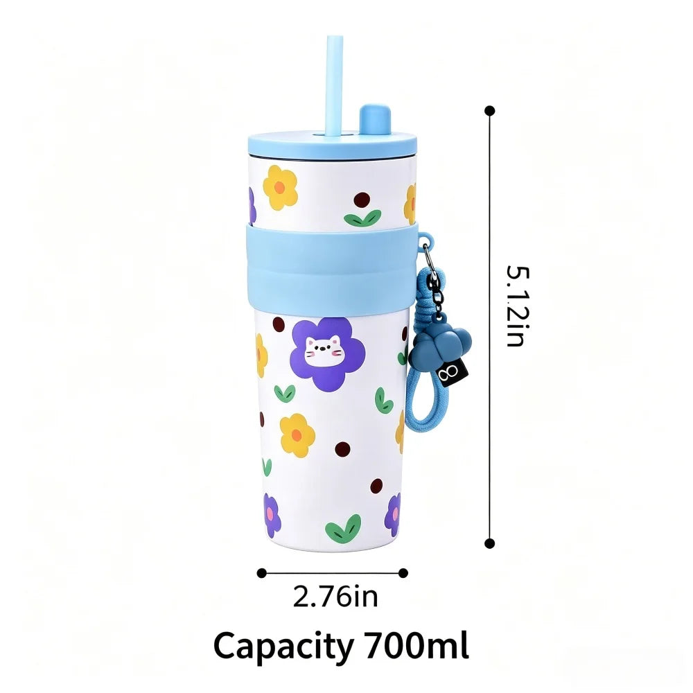 700ML Large Capacity Water Cup, Fashion Cherry Dog &amp; Cat Pattern Coffee Mug, Reusable Water Bottle With Portable Rope, Leakproof Travel Tumbler for Student School Outdoor Daily Use