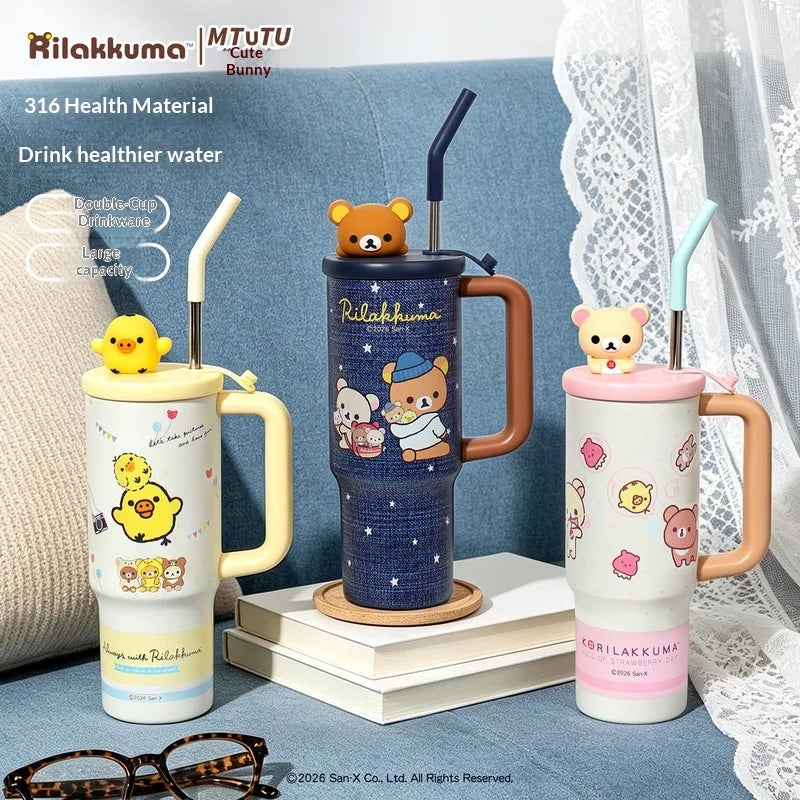 Kawaii Rilakkuma Insulated Cup With Straw 970ml Large Capacity Water Cup Printing Drinking Cup Easy Bear Anime Peripheral Gifts