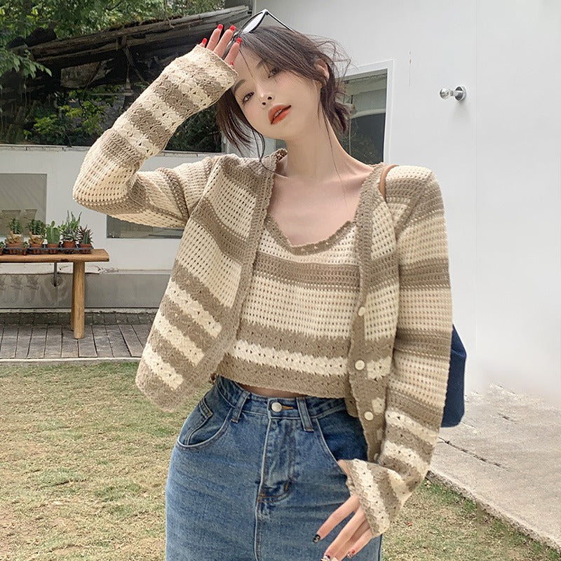 Striped Hollow Out Crop Tops and Shirt Set: Sexy, Slim, and All-match Fashion for Women