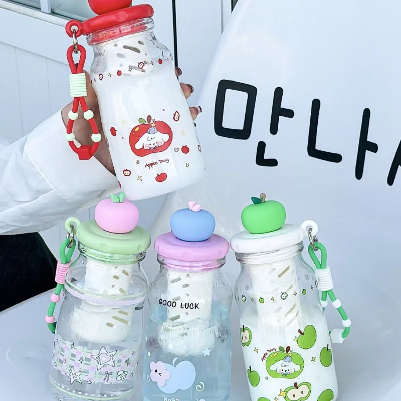 Kawaii Apple Milk Water Bottle, 600ML with Tea Infuser, Leakproof
