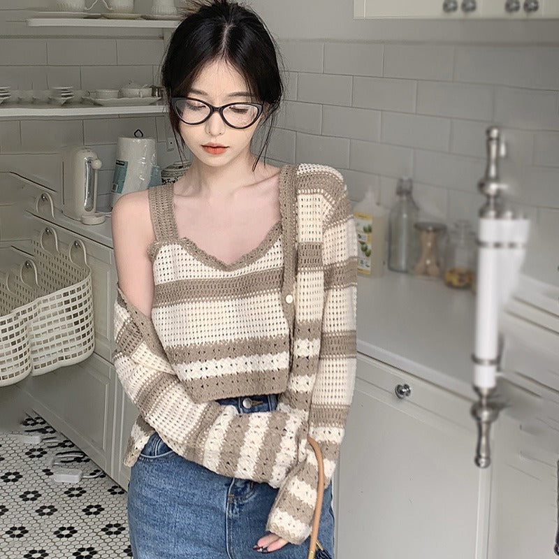 Striped Hollow Out Crop Tops and Shirt Set: Sexy, Slim, and All-match Fashion for Women
