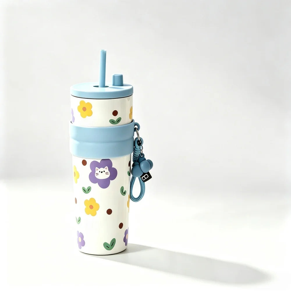 700ML Large Capacity Water Cup, Fashion Cherry Dog &amp; Cat Pattern Coffee Mug, Reusable Water Bottle With Portable Rope, Leakproof Travel Tumbler for Student School Outdoor Daily Use