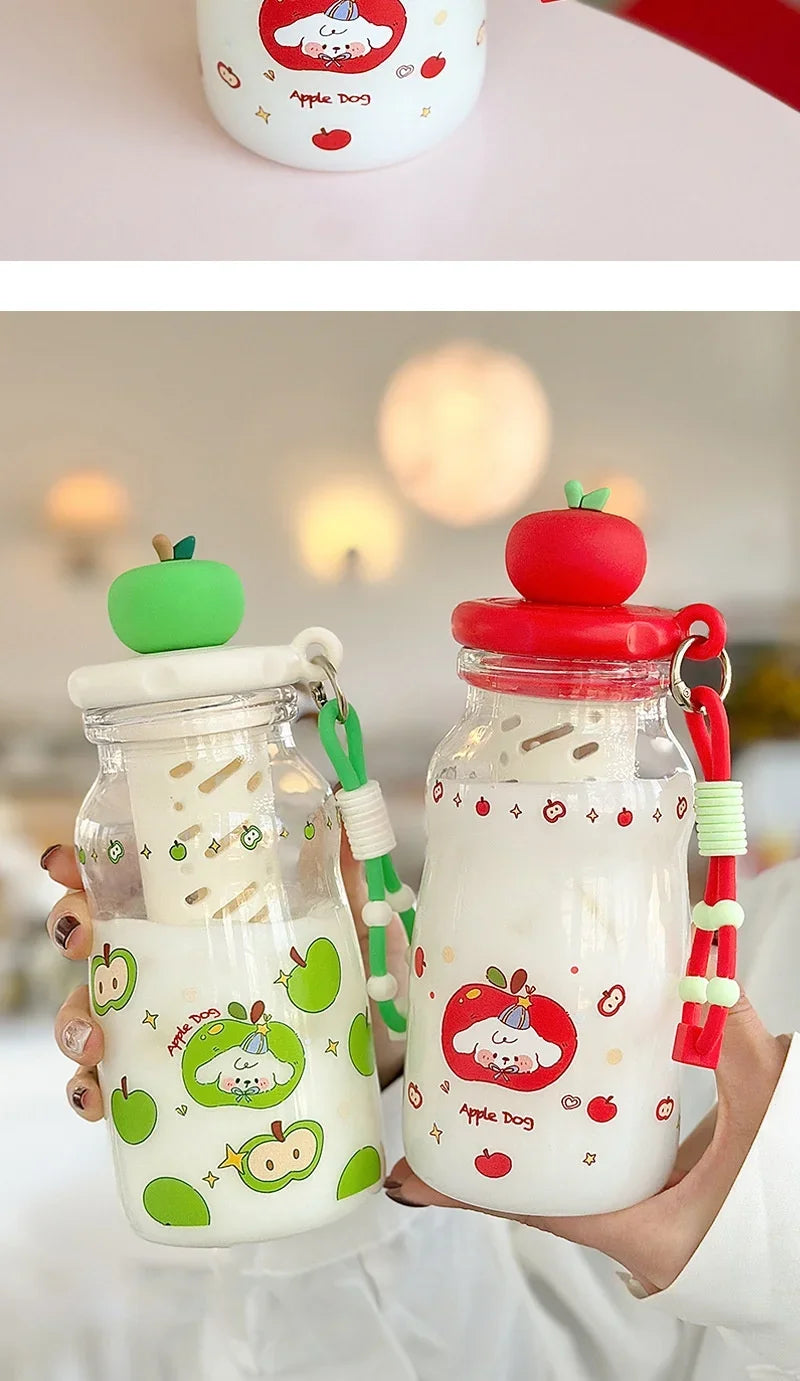 Kawaii Apple Milk Water Bottle, 600ML with Tea Infuser, Leakproof