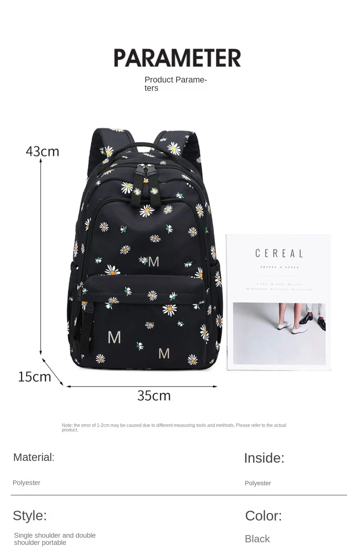 Cute Daisy Kawaii Korean School Backpack - 22L Capacity