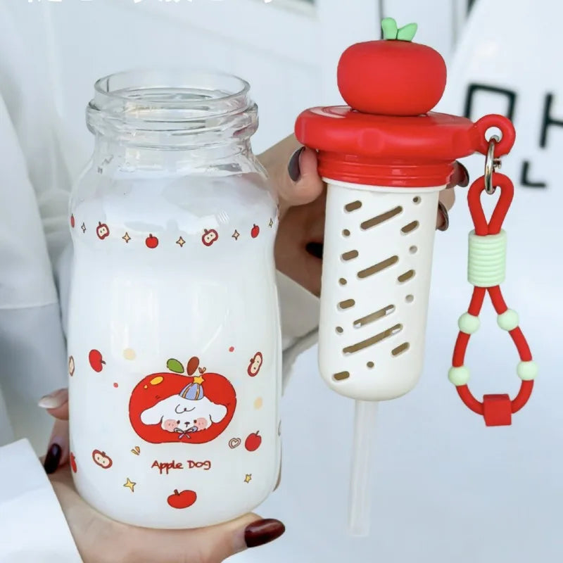 Kawaii Apple Milk Water Bottle, 600ML with Tea Infuser, Leakproof