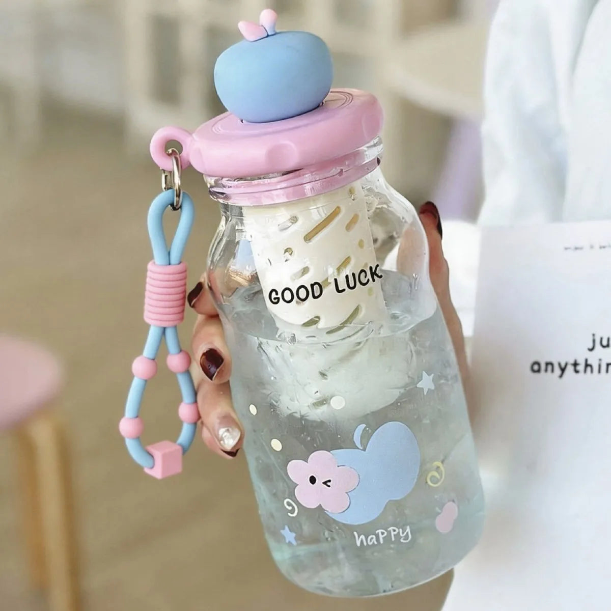 Kawaii Apple Milk Water Bottle, 600ML with Tea Infuser, Leakproof