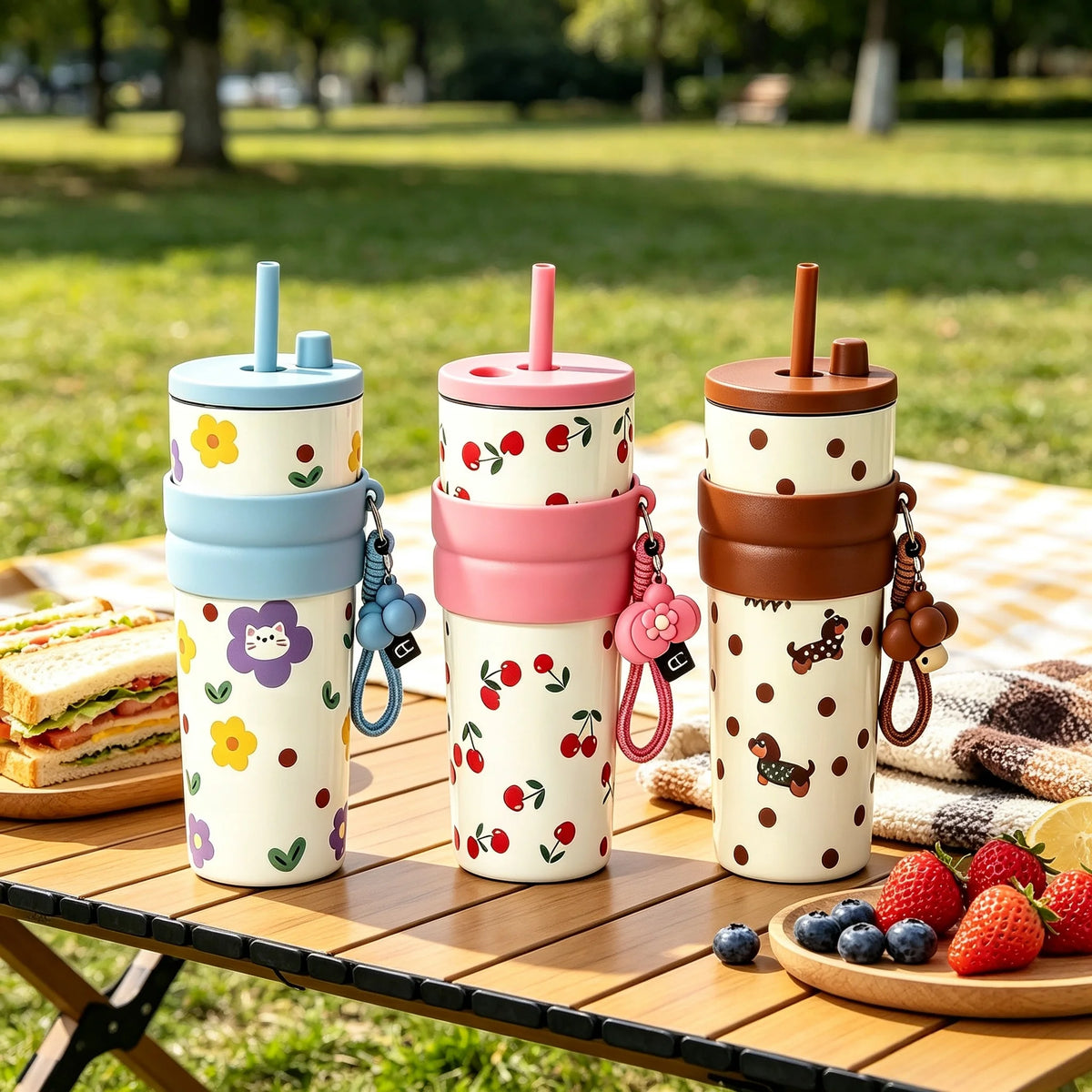 700ML Large Capacity Water Cup, Fashion Cherry Dog &amp; Cat Pattern Coffee Mug, Reusable Water Bottle With Portable Rope, Leakproof Travel Tumbler for Student School Outdoor Daily Use