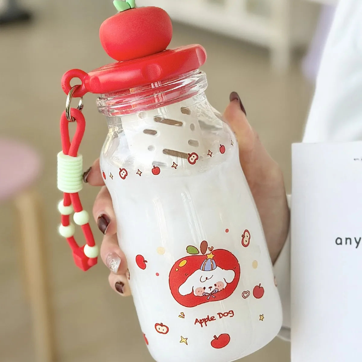 Kawaii Apple Milk Water Bottle, 600ML with Tea Infuser, Leakproof
