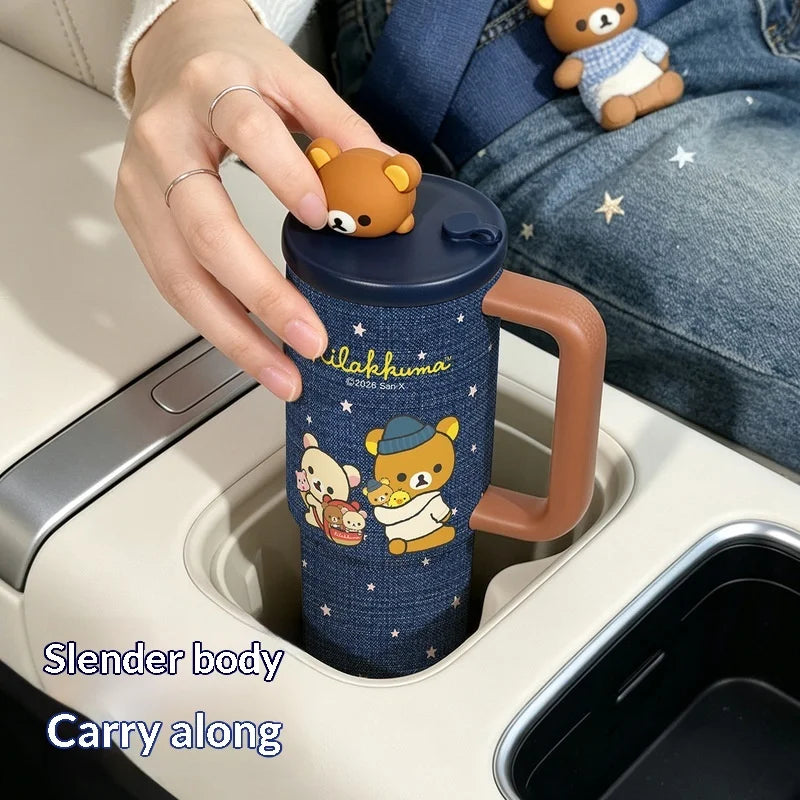 Kawaii Rilakkuma Insulated Cup With Straw 970ml Large Capacity Water Cup Printing Drinking Cup Easy Bear Anime Peripheral Gifts