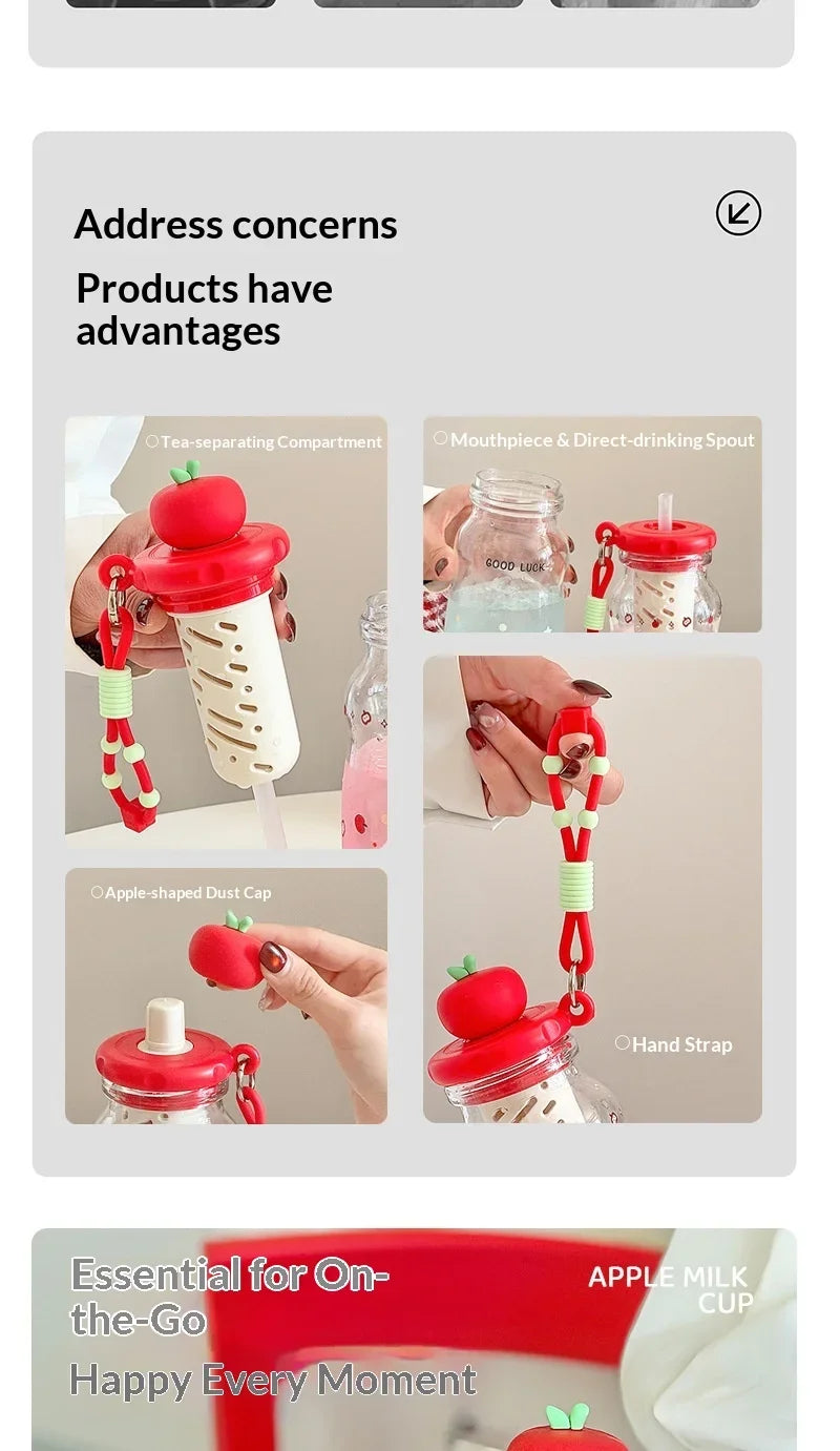 Kawaii Apple Milk Water Bottle, 600ML with Tea Infuser, Leakproof