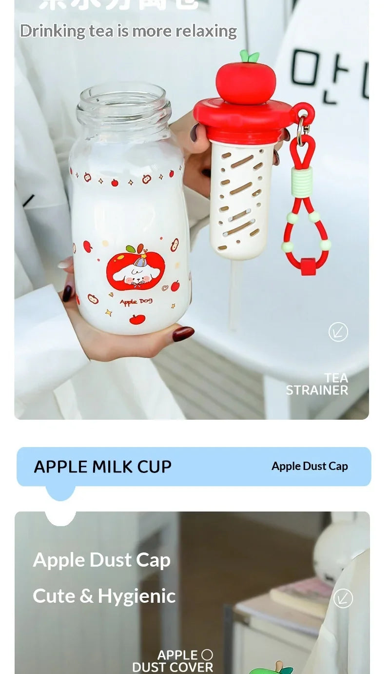 Kawaii Apple Milk Water Bottle, 600ML with Tea Infuser, Leakproof
