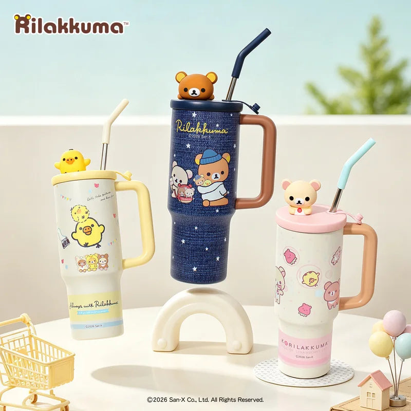 Kawaii Rilakkuma Insulated Cup With Straw 970ml Large Capacity Water Cup Printing Drinking Cup Easy Bear Anime Peripheral Gifts